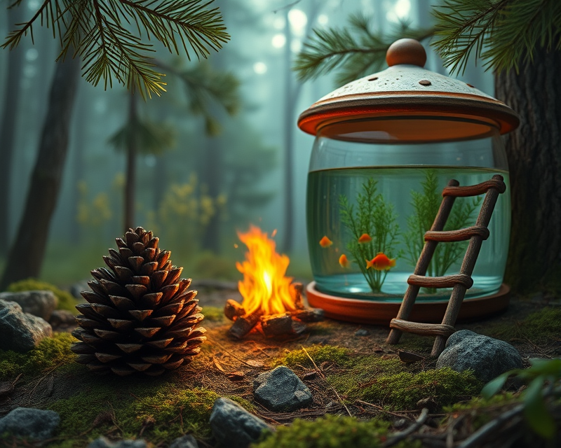 pinecone, campfire, mushroom, ladder, fish tank